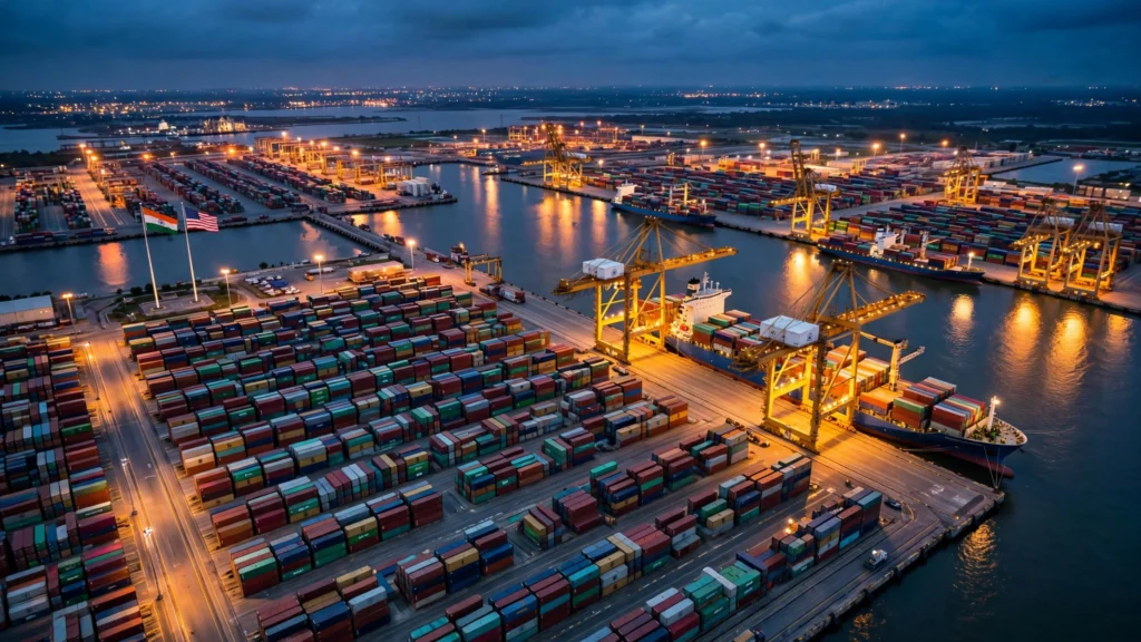 India and US flags over an aerial night view of a container port