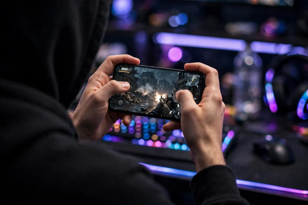 Hands holding a gaming smartphone with RGB lighting at a night desk