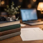 Desk with stethoscope, medical textbooks, application form