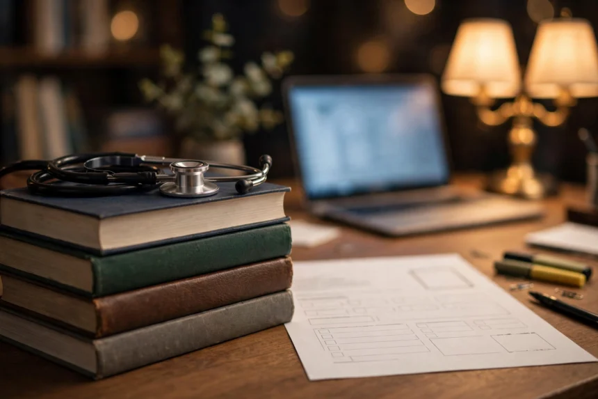 Desk with stethoscope, medical textbooks, application form