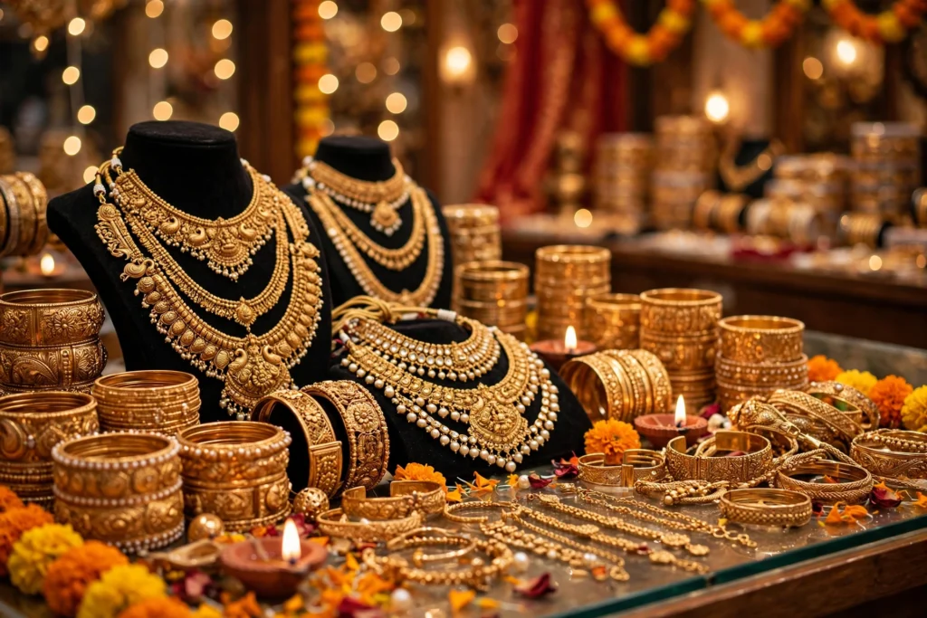 Indian jewellery shop display with gold necklaces and bangles
