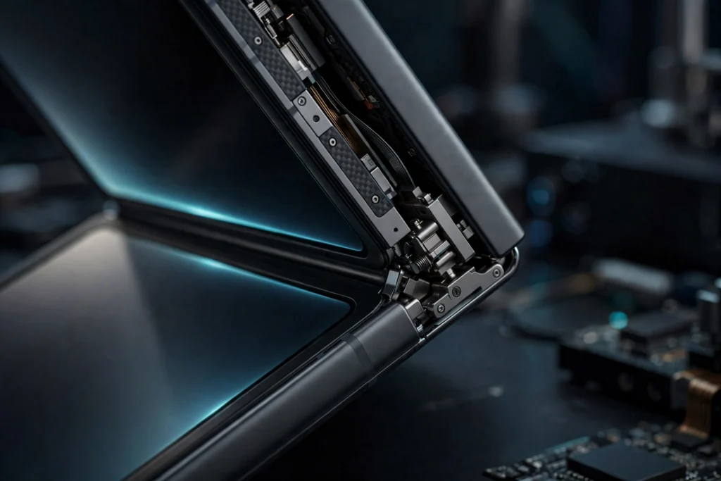 Close-up of the iPhone Duo foldable hinge