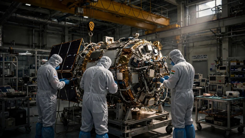 ISRO technicians assembling a satellite in a clean room (AI-generated illustration).
