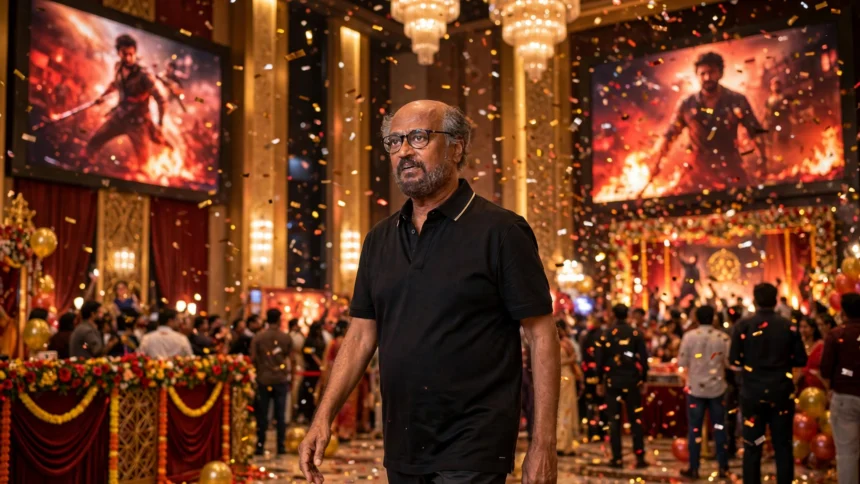 Rajinikanth. Photo: Bollywood Hungama / Wikimedia Commons (CC BY 3.0), background composite