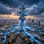 6G telecom tower over city skyline at dusk