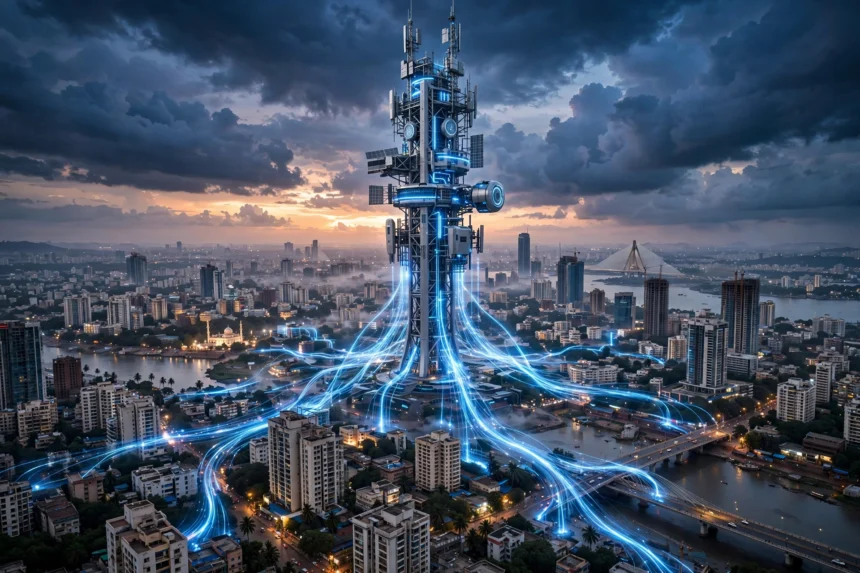 6G telecom tower over city skyline at dusk