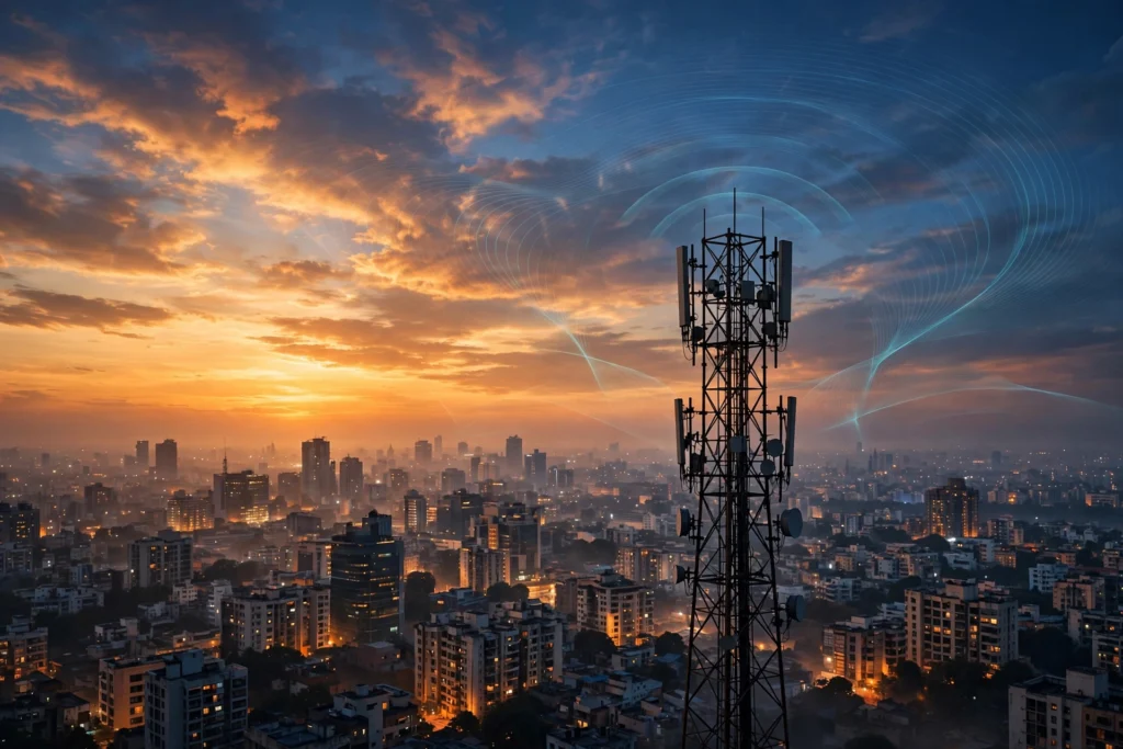 5G telecom tower at sunset