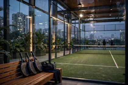 Padel court at dusk in a premium Mumbai sports club