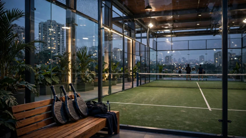 Padel court at dusk in a premium Mumbai sports club