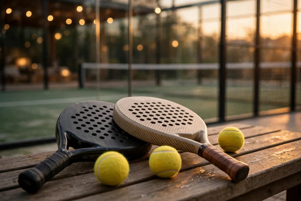Padel rackets and balls on a bench at a glass-walled padel court