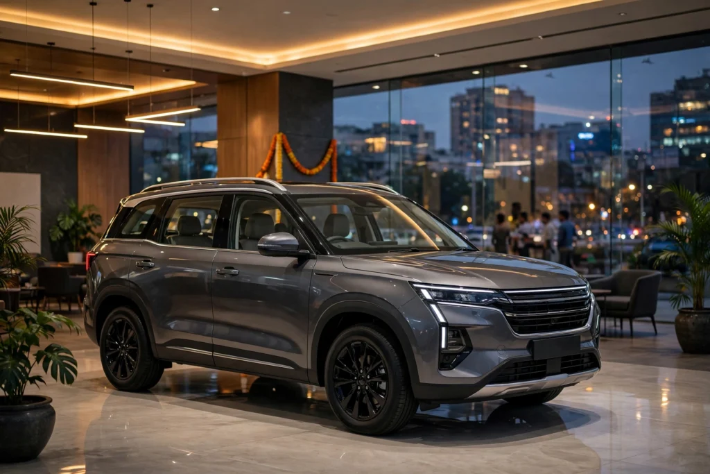 Premium three-row SUV in an Indian car dealership showroom.