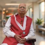 BJP veteran L.K. Advani. Photo: President's Secretariat, Government of India / Wikimedia Commons (GODL-India); editorial composite background.