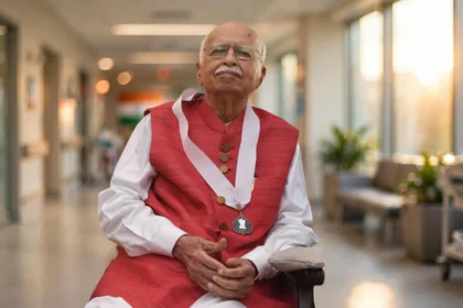 BJP veteran L.K. Advani. Photo: President's Secretariat, Government of India / Wikimedia Commons (GODL-India); editorial composite background.