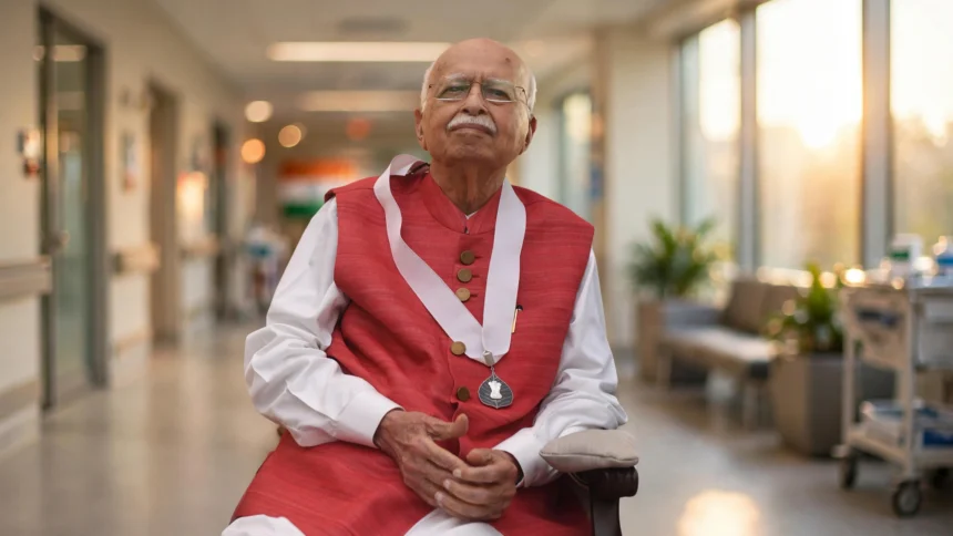 BJP veteran L.K. Advani. Photo: President's Secretariat, Government of India / Wikimedia Commons (GODL-India); editorial composite background.