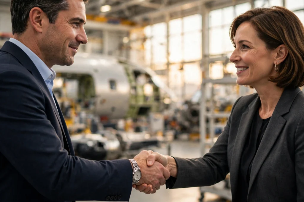 Handshake between business partners in an aerospace factory