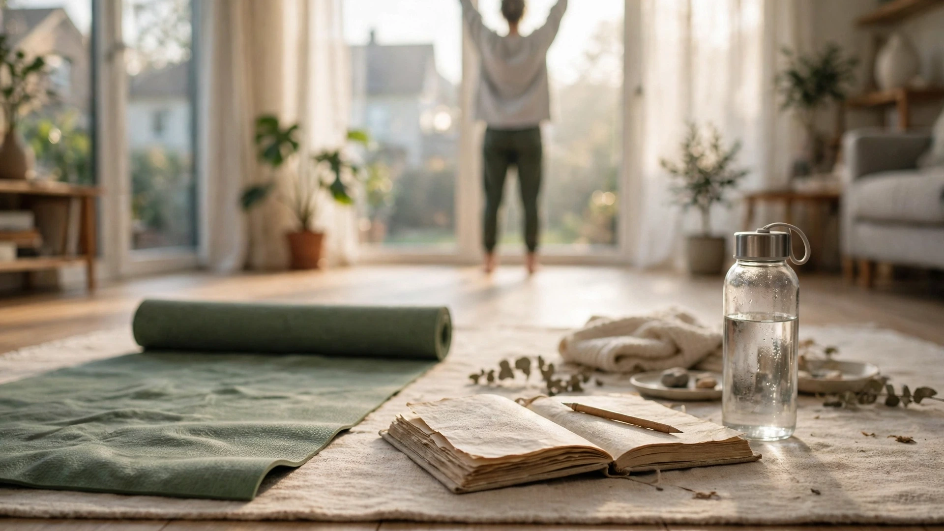 A candid lifestyle scene showing a morning routine with a workout mat, journal and phone, shot in natural light