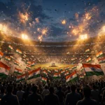 Stadium celebration with Indian flags and fireworks for Asian Games 2026 felicitation