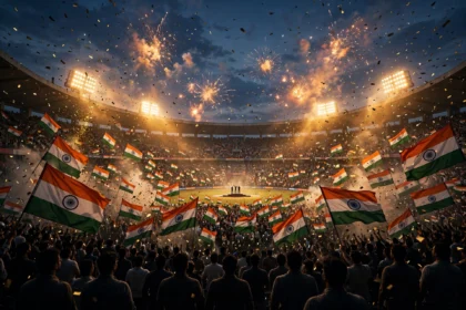 Stadium celebration with Indian flags and fireworks for Asian Games 2026 felicitation