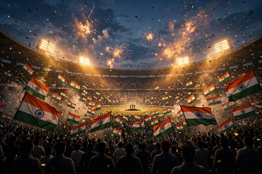 Stadium celebration with Indian flags and fireworks for Asian Games 2026 felicitation