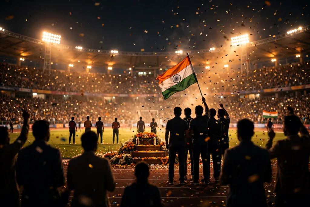 Stadium celebration with Indian flag and confetti at Asian Games 2026 felicitation event