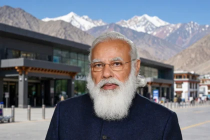 Prime Minister Narendra Modi - Ladakh development projects inauguration. Photo: Prime Minister's Office / Wikimedia Commons (background composite)