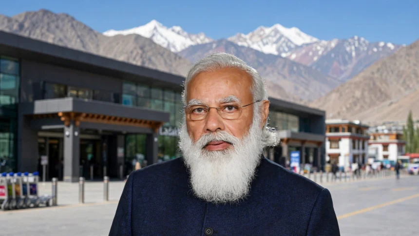 Prime Minister Narendra Modi - Ladakh development projects inauguration. Photo: Prime Minister's Office / Wikimedia Commons (background composite)