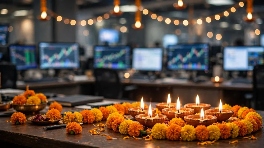 Diwali diyas on a stock market trading desk, festive illustration.