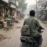 A microfinance field officer riding through a small-town market street