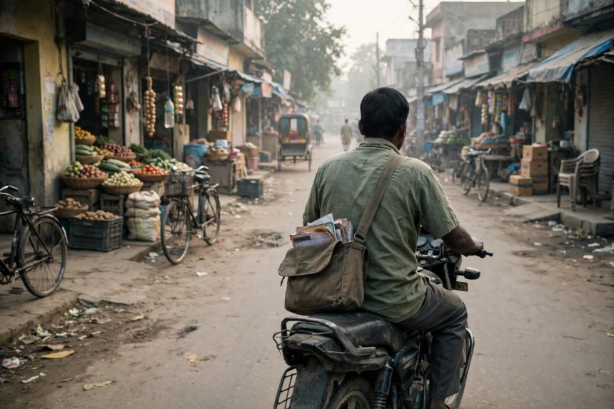 A microfinance field officer riding through a small-town market street