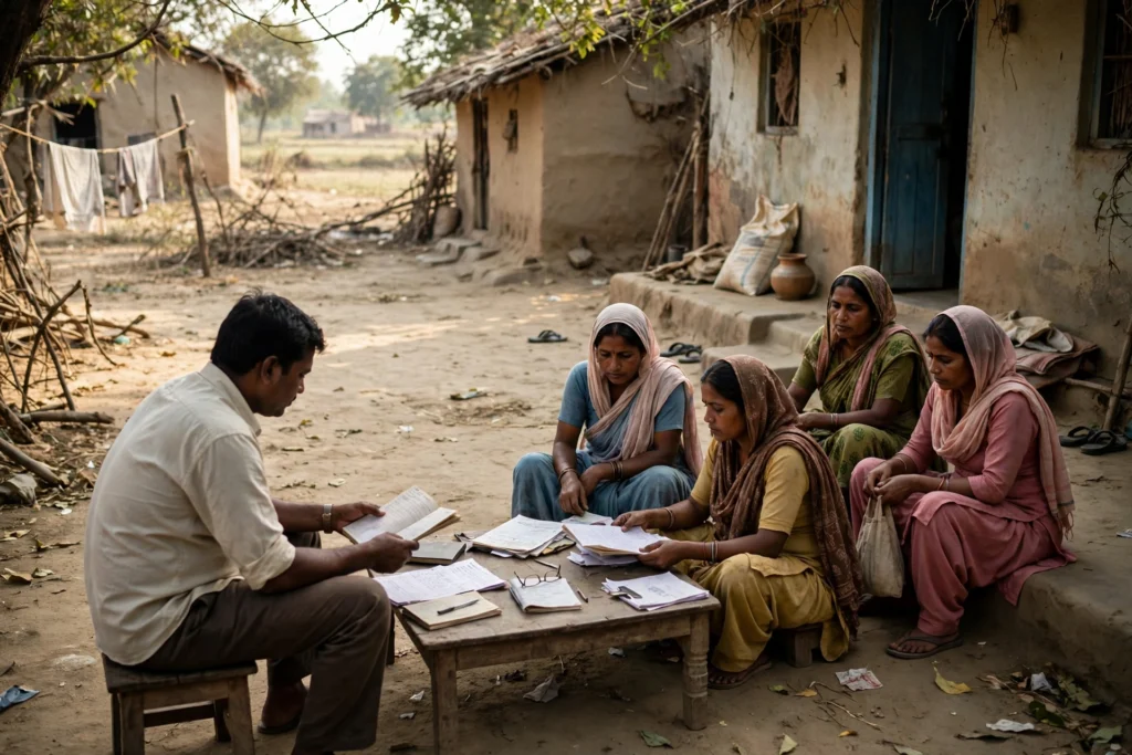 A field officer going over passbooks with women customers in a village courtyard