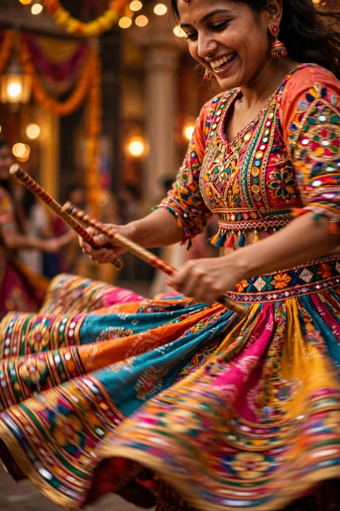 Women dancing garba with dandiya sticks during Navratri in Mumbai