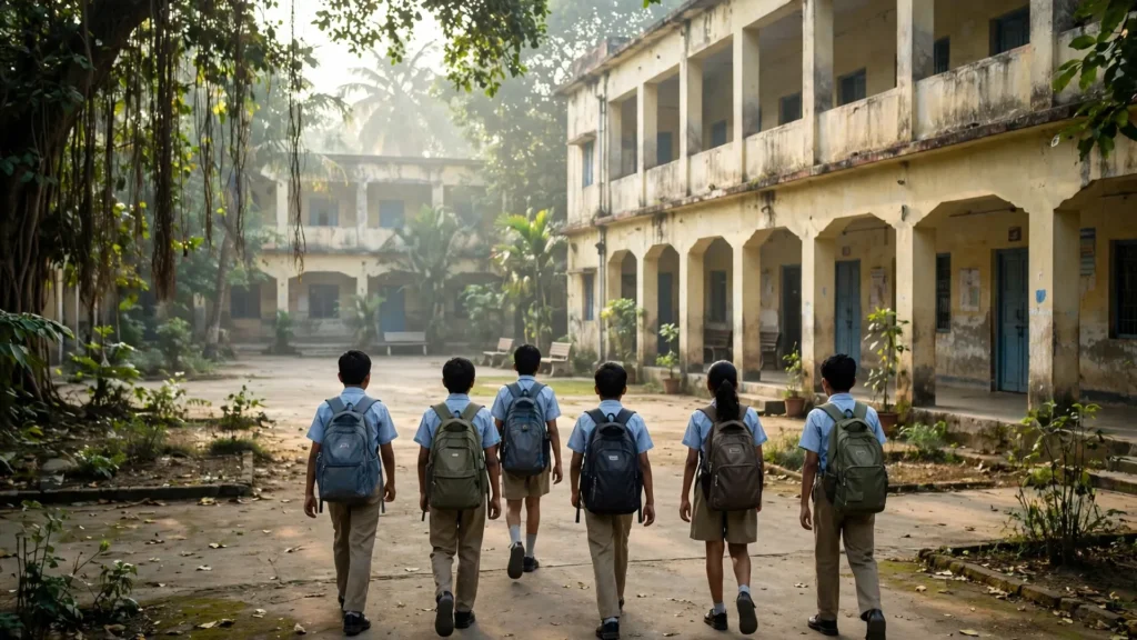 School students walking in a school courtyard