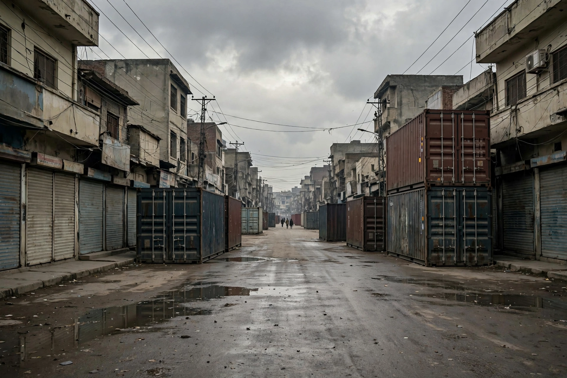 Shipping containers block a street in Peshawar amid a heavy police deployment