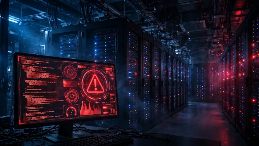 Server room monitor showing security alert code, illustrating the critical PHP vulnerability warning