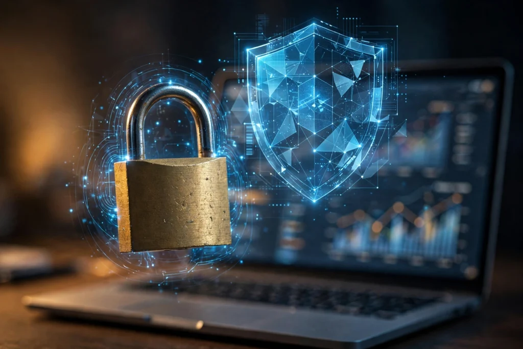 Digital padlock and shield over a website dashboard representing cybersecurity protection
