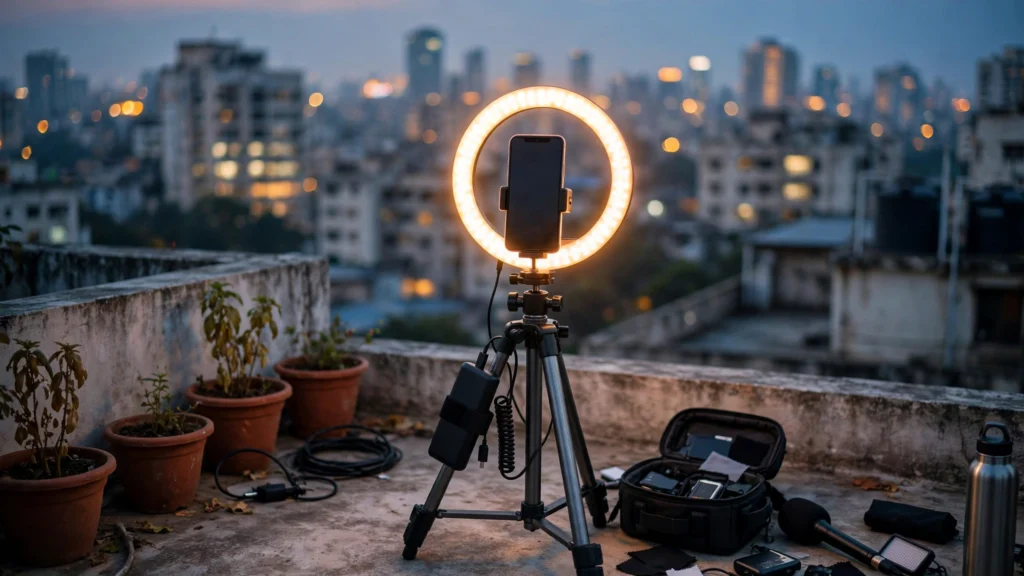 A content creator's filming setup with a ring light and smartphone on a Mumbai rooftop at dusk, representing India's creator economy