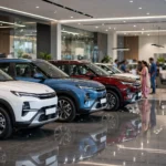 New cars and SUVs on display at a dealership showroom in India. AI-generated image.