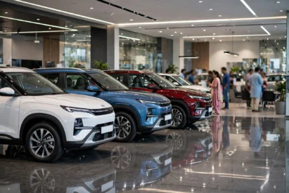 New cars and SUVs on display at a dealership showroom in India. AI-generated image.