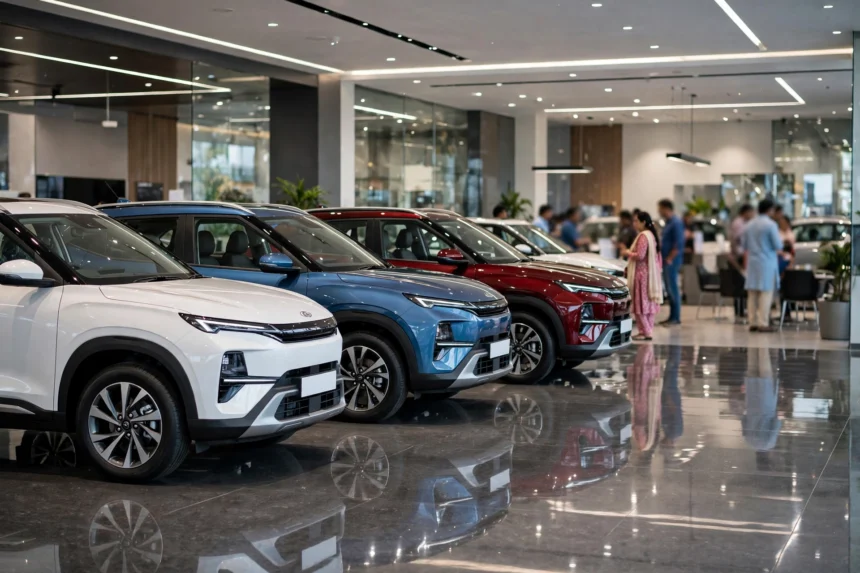 New cars and SUVs on display at a dealership showroom in India. AI-generated image.
