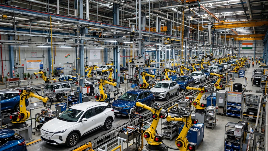 Car assembly line at an automobile factory in India. AI-generated image.
