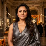 Rani Mukerji in a metallic grey saree at Sabyasachi's Diwali reception in New York (composite: photo by Bollywood Hungama via Wikimedia Commons, CC BY 3.0)