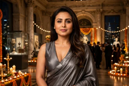 Rani Mukerji in a metallic grey saree at Sabyasachi's Diwali reception in New York (composite: photo by Bollywood Hungama via Wikimedia Commons, CC BY 3.0)