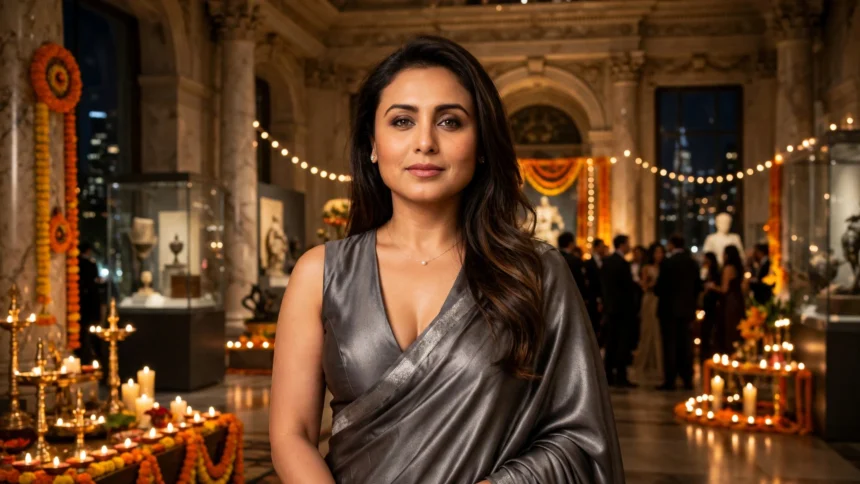 Rani Mukerji in a metallic grey saree at Sabyasachi's Diwali reception in New York (composite: photo by Bollywood Hungama via Wikimedia Commons, CC BY 3.0)