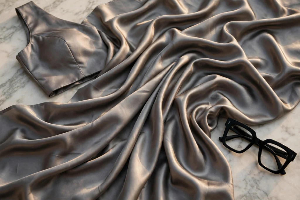 Metallic grey satin saree with bold black glasses, styled after Rani Mukerji's Diwali gala look