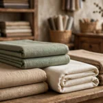 Folded hemp shirting fabric bolts in natural tones at a premium fabric store (illustration)