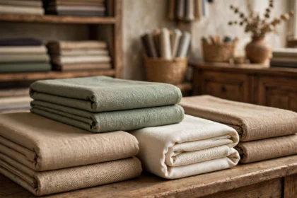 Folded hemp shirting fabric bolts in natural tones at a premium fabric store (illustration)