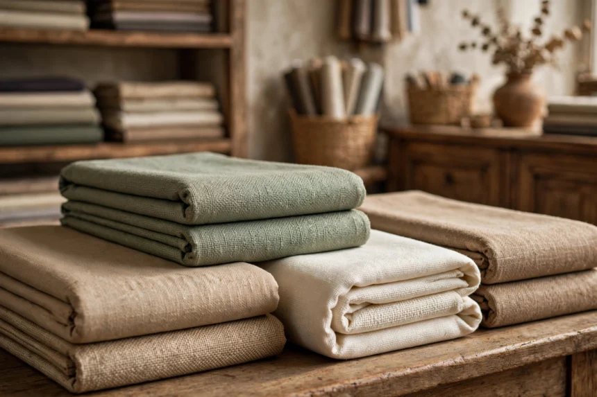 Folded hemp shirting fabric bolts in natural tones at a premium fabric store (illustration)
