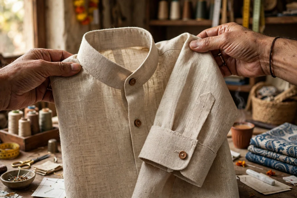 A tailor holds up a finished hemp fabric shirt in an Indian tailoring workshop (illustration)