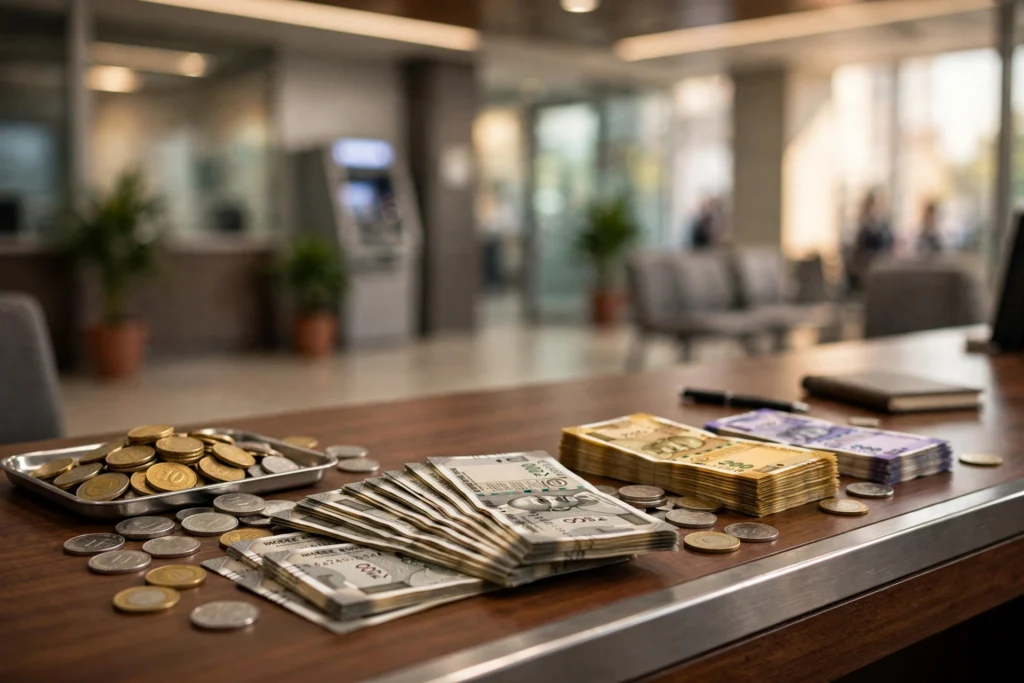 Indian rupee banknotes at a bank counter, symbolic of interest rate and EMI changes
