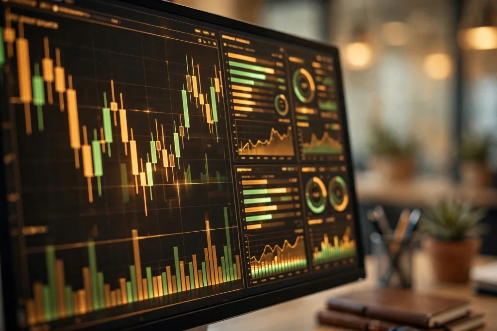 Forex trading monitor showing currency charts
